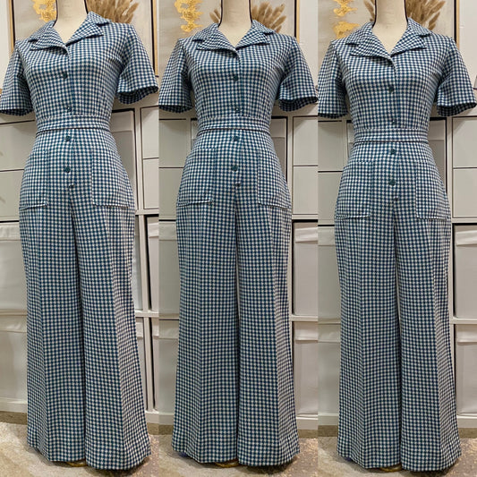 70's Teal Houndstooth Short Sleeve Bell Bottom Jumpsuit (M-L)