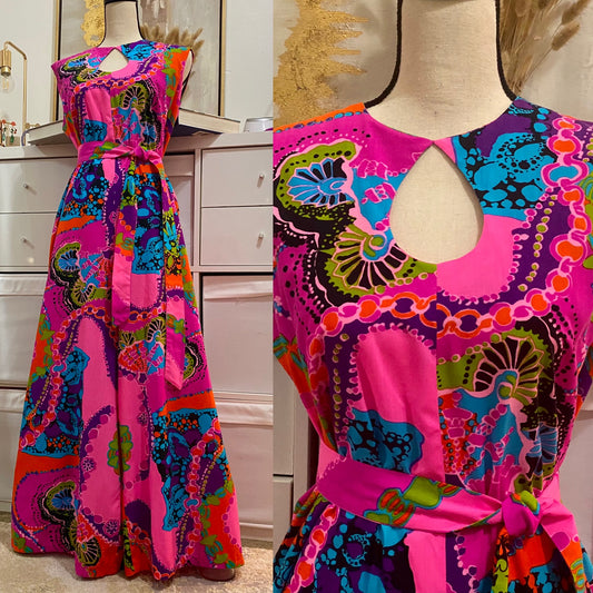 60's Bright Oil Spill Abstract Wide Leg Jumpsuit w/ Waist Belt (L-XL)