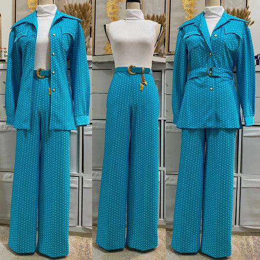 70's Polka Dot 3Pc Pantsuit; jacket, belt, pants (L)