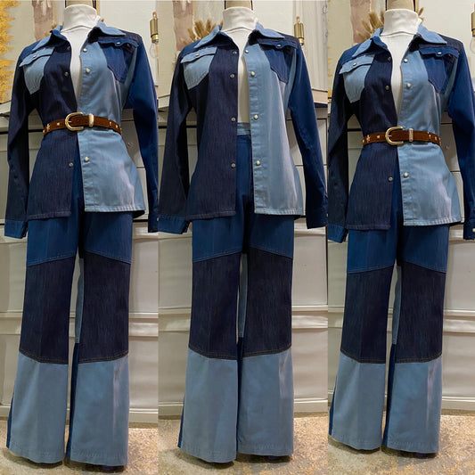 70's Cotton Blend, Blue Denim Patchwork 2pc Pantsuit (S)