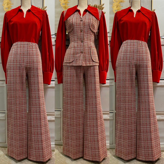 70's Plaid Wide Leg 2pc Vest Pantsuit (S-M)
