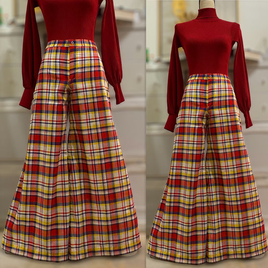 70s Midrise, Primary Colors, Plaid Bell Bottom Pants (S, 29"W)