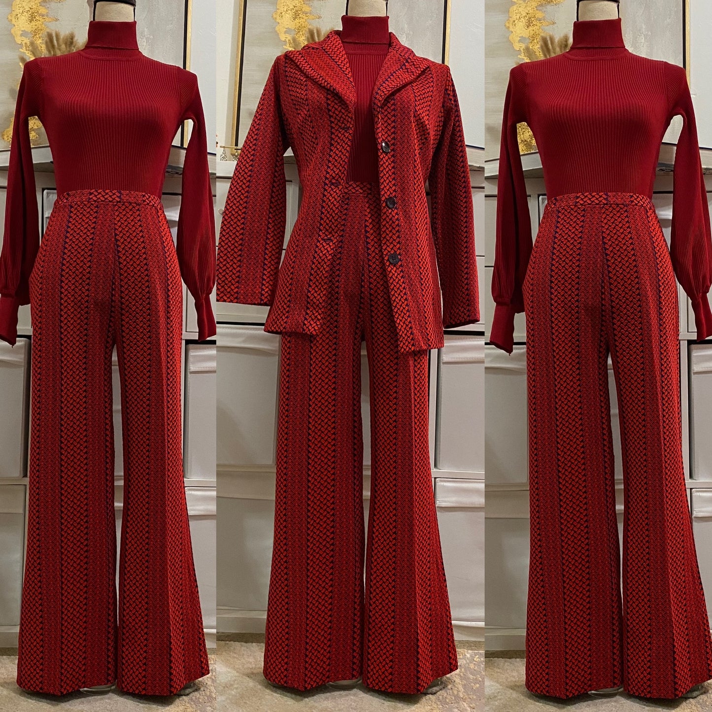 60's-70's Abstract, Rich Red 2Pc Pantsuit (L, 30"-34"W)