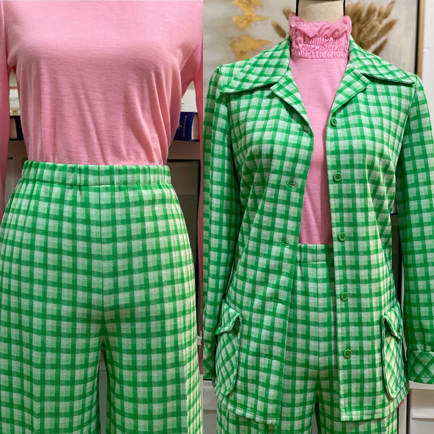 70's Green Plaid 2-Piece Set - Jacket & Bell Bottoms Pantsuit (S-L)