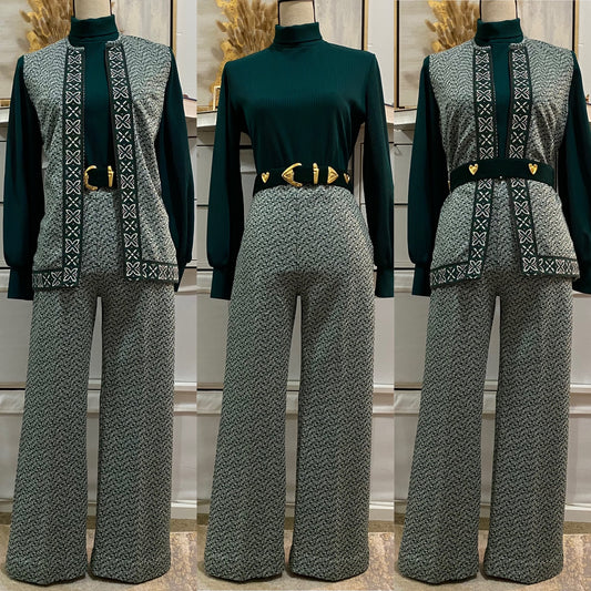 70's Green Floral Abstract Sleeveless Vest Pantsuit (S-M) Petite