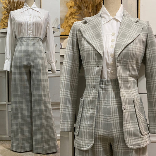 70's Plaid Houndstooth 2PC Wide Leg Pantsuit (S-M)