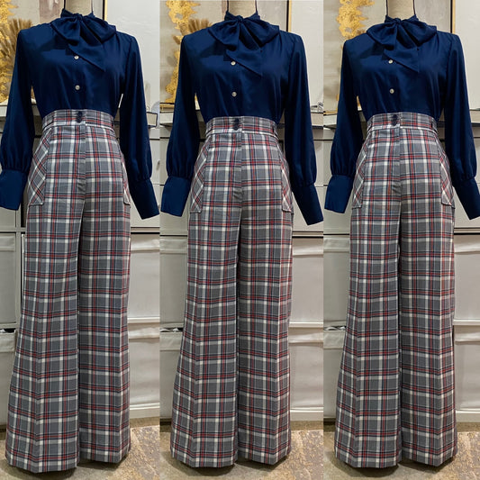 70's High Rise, Wide Leg Plaid Pants (L, 33"W)