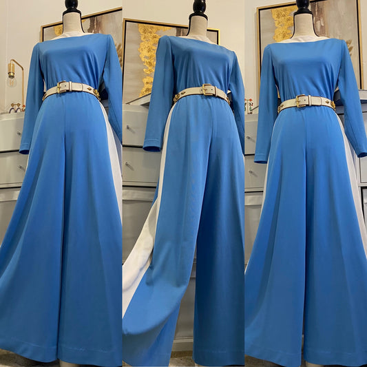 70's Space Age Blue & White 2-Piece Set - Tunic Top & Palazzo Bell Bottoms (S-M)