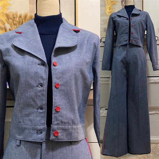 70s 2PC Denim Chambray Wide Leg Pantsuit (M, 30"W) - Cropped Jacket