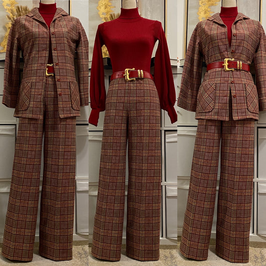 70's Autumnal Plaid 2Pc Pantsuit (L, 32"-36"W)