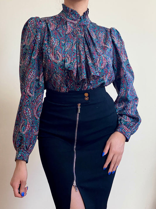 80's Multicolor Abstract Cravat Bown Victorian Style Blouse (S-M)
