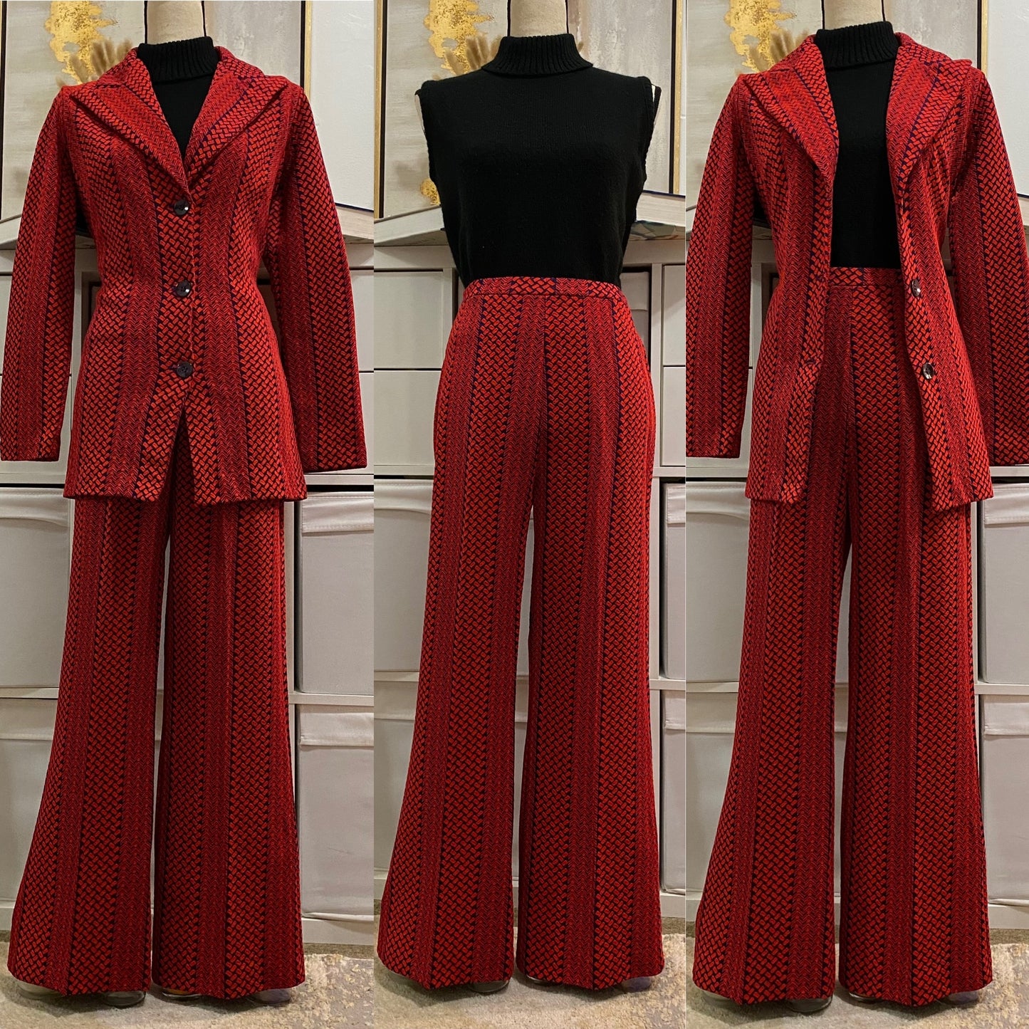 60's-70's Abstract, Rich Red 2Pc Pantsuit (L, 30"-34"W)