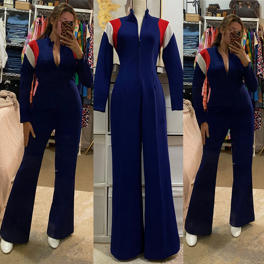 70's Striped Wide Leg Jumpsuit W/ Zipper Front (M, 30"W)