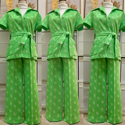 70’s Apple Green Floral Polka Dot 3-Piece Pantsuit (M-L)