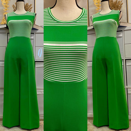 70’s Kelly Green Striped Wide Leg Jumpsuit (S-M)