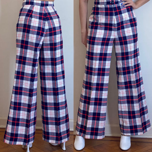 70's Plaid High Rise Bell Bottoms Wide Leg Flare (M-28'W)
