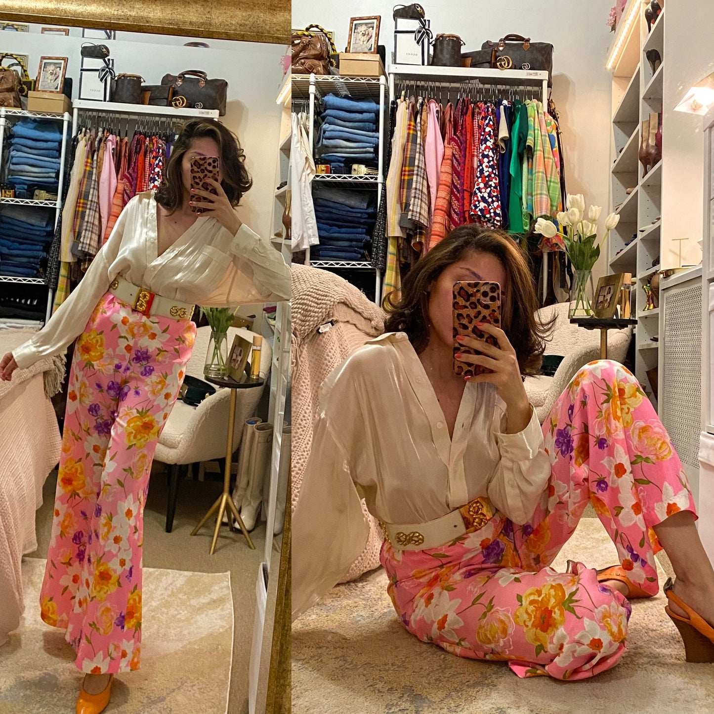 60's Floral Pantsuit - Mini Dress Top & Flared Bell Bottoms (S-L)