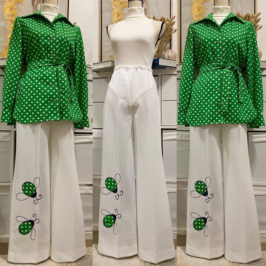 70's 3pc Polka Dot & Lady Bug Bell Bottom Pantsuit (M-L)