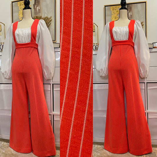 70's Coral Pink Puffy Sleeves Bell Bottom Jumpsuit (M-L)
