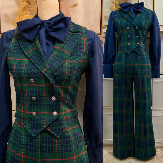 70s Plaid 2Pc Cropped Vest Pantsuit (XS-S, 26"-27'W)