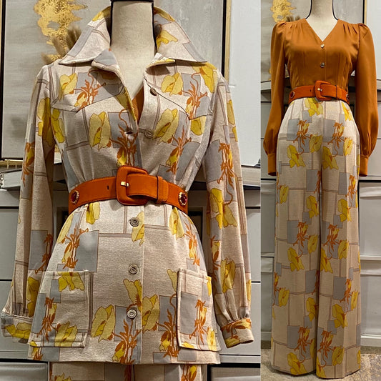 70's Peachy Sheen Floral Geometric 2PC Pantsuit (XS; 25"W)