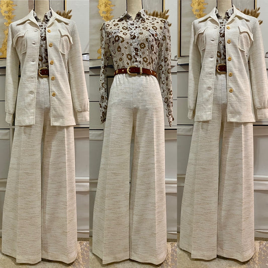 70’s Cream & Brown 2pc Pantsuit; Jacket Shirt & Wide Leg Bottoms (L)