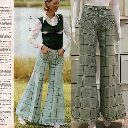 70s Low Rise Windowpane Plaid Bell Bottom Flare Pants (XS, 26")