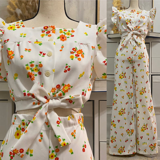 70s Floral 2pc Pant Set - Crop Top & Wide Leg Pants (M, 29”-31”W)