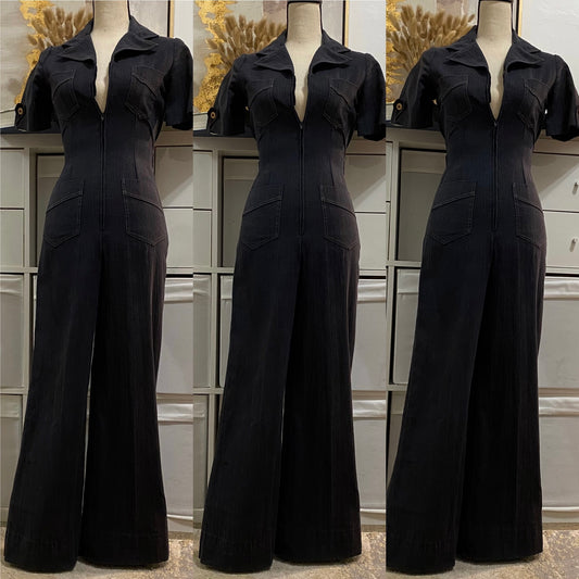 70s Cotton, Faded Black, Zipper Front, Wide Leg Jumpsuit (XS, 24"-26"W)