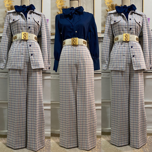 70's Blue Grid Plaid 2Pc Wide Leg Pantsuit (S, 26"W)