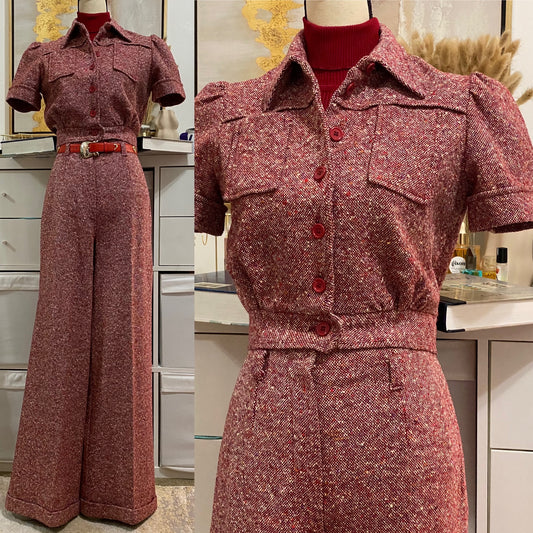 70's Cropped Jacket & Bell Bottom 2PC Pantsuit (S, 27"W) Wool blend.