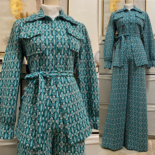 70's 3Pc Abstract/Geometric Wide Leg Pantsuit (S-M, 26"-32"W)