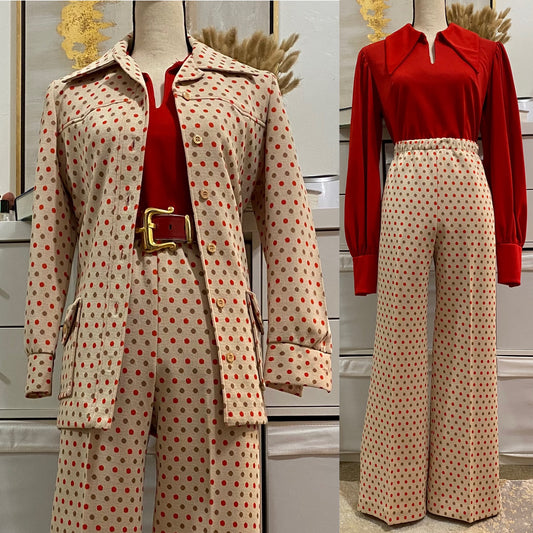 70s 2pc polka dot wide leg bell bottom pantsuit (L-XL)