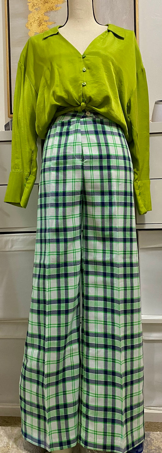 70's Neon Green Plaid Wide leg Bell bottoms (M-28” W)