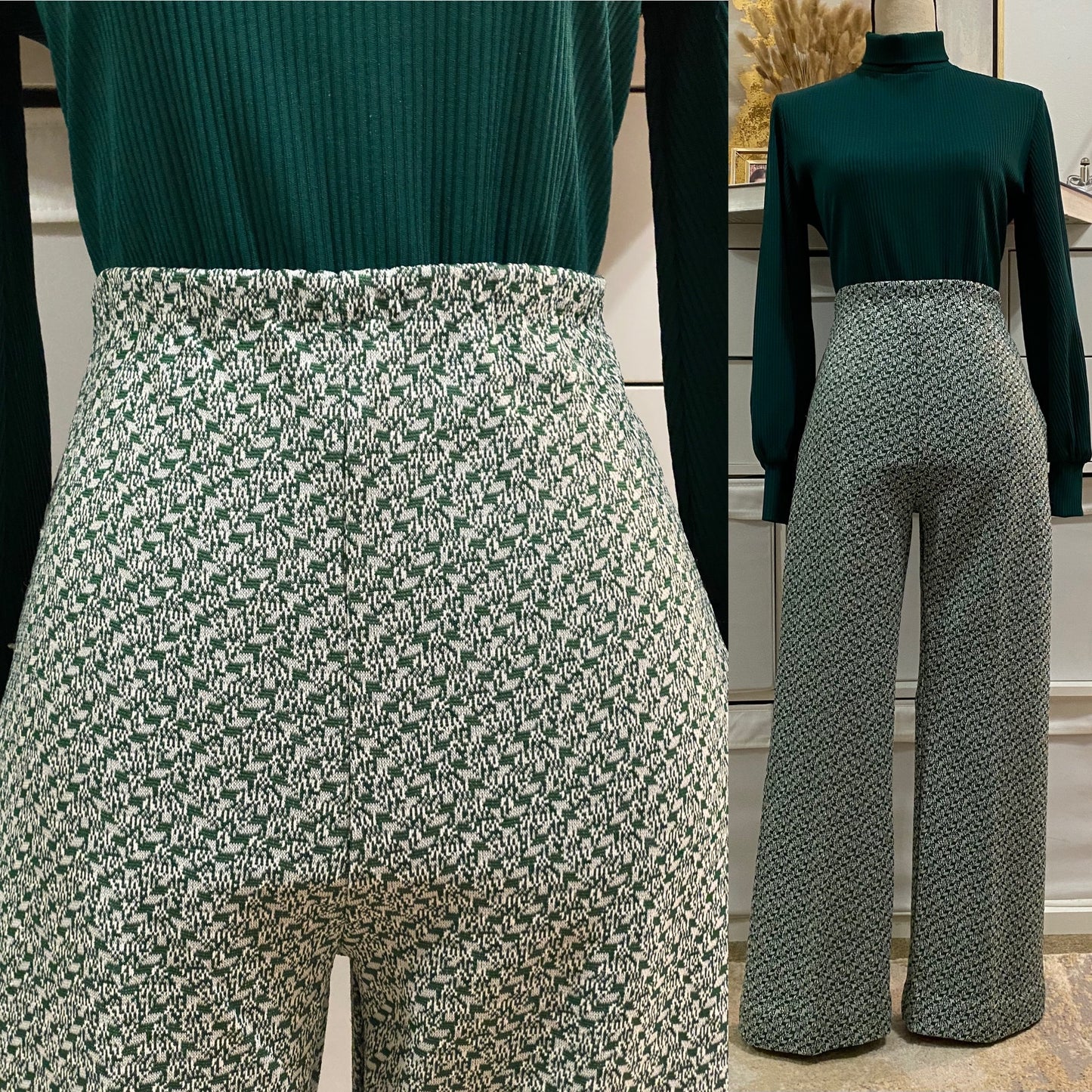 70's Green Floral Abstract Sleeveless Vest Pantsuit (S-M) Petite