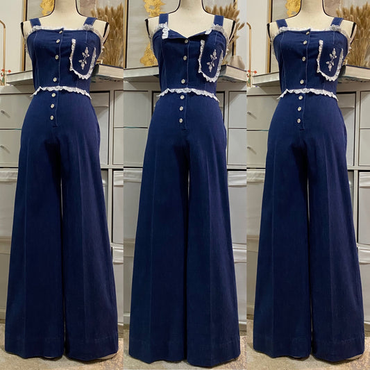 60s-70s Denim Eyelet Lace Trim Wide Leg Jumpsuit Overall (XXS-XS)