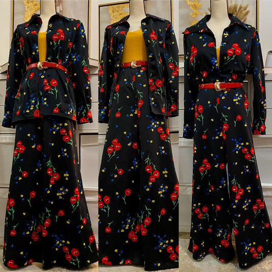 70's VOLUP 2-Piece Poppy Set - Shirt Jacket & High Rise Bell Bottoms (L/XL)