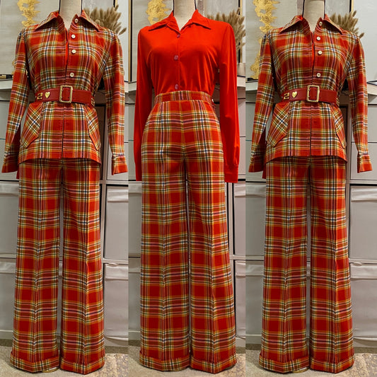 70's 2Pc Plaid Pantsuit W/ Pockets (S, 26"W)