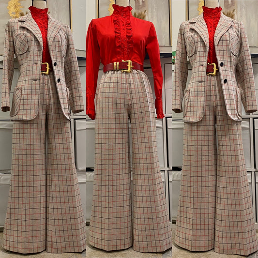 70s Textured Windowpane 2PC Wide Leg Pantsuit (M-L, 26"-34"W)
