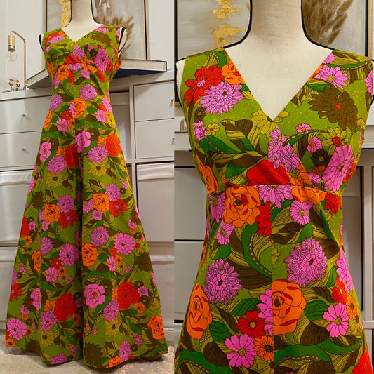 60s-70s Sexy Bright Floral Bell Bottom Wide Leg Jumpsuit (M)