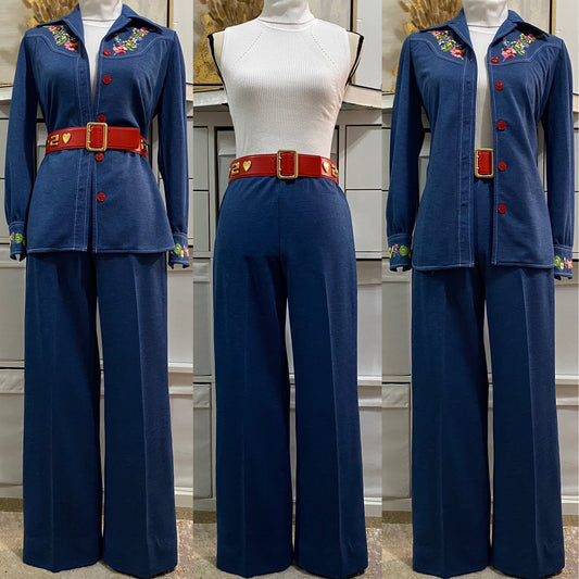70's 2Pc Faux Denim Look Leisure Pantsuit (XS-S) Bootcut