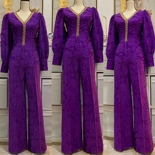 60's-70's Floral Embossed Velvet Wide Leg Jumpsuit (XS-S)