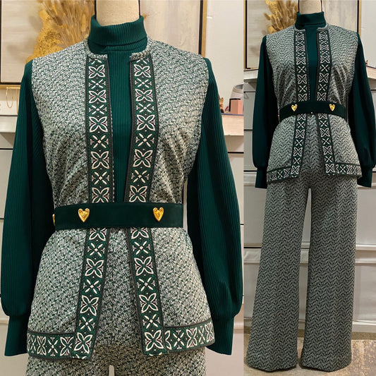 70's Green Floral Abstract Sleeveless Vest Pantsuit (S-M) Petite