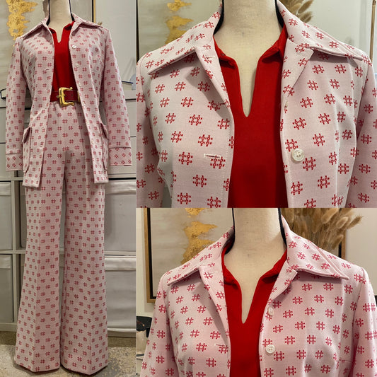 60s-70s 2pc Wide Leg Abstract Pink Pantsuit (S-L)