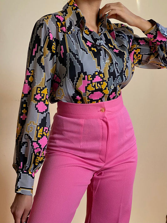 70's PIXEL TETRIS PUFFY SLEEVES BUTTON UP BLOUSE (S-M)