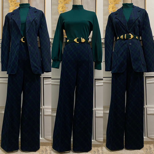 70's Classic & Elegant Tartan Plaid 2PC Pantsuit (L-XL, 34"-38"W)