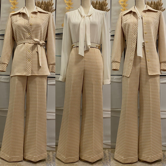 70's 3PC Houndstooth Wide Leg Petite Pantsuit (L - 30"W)