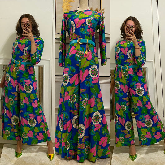 70's Floral Acetate Wide Leg Palazzo Jumpsuit (L)