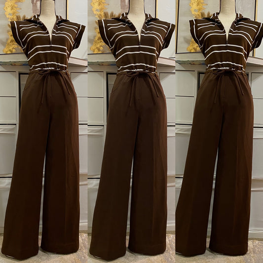 70s Chocolate Brown Stripes, Zipper Front Jumpsuit (M, 32"W)