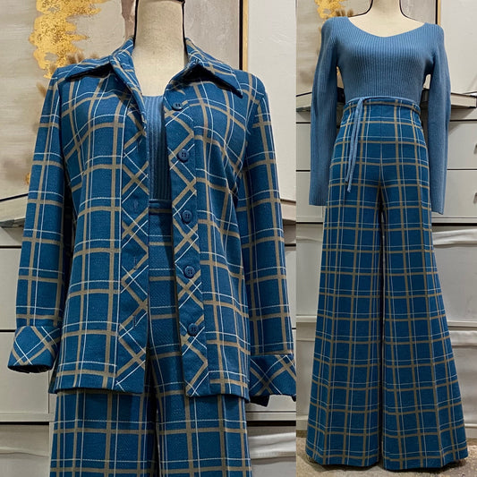 70's 2Pc Plaid/Checkered Wide Leg Pantsuit (L-XL)